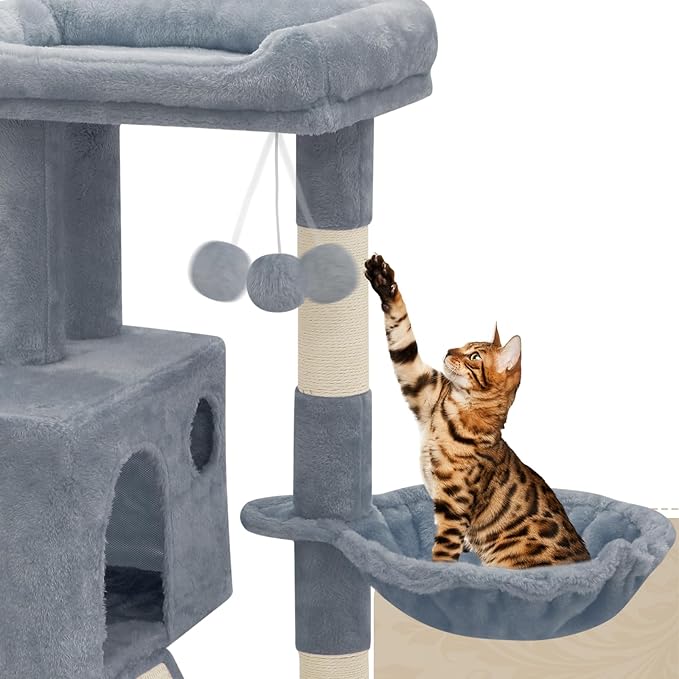 Athena Collection Cat Tree, 36" Tall Cat Tree Tower for Indoor Cats, Multi-Level Cat Tower House Activity Center Climbing Tower with Cat Condo & Hammock & Scratching Post & Dangling Ball, LightGray