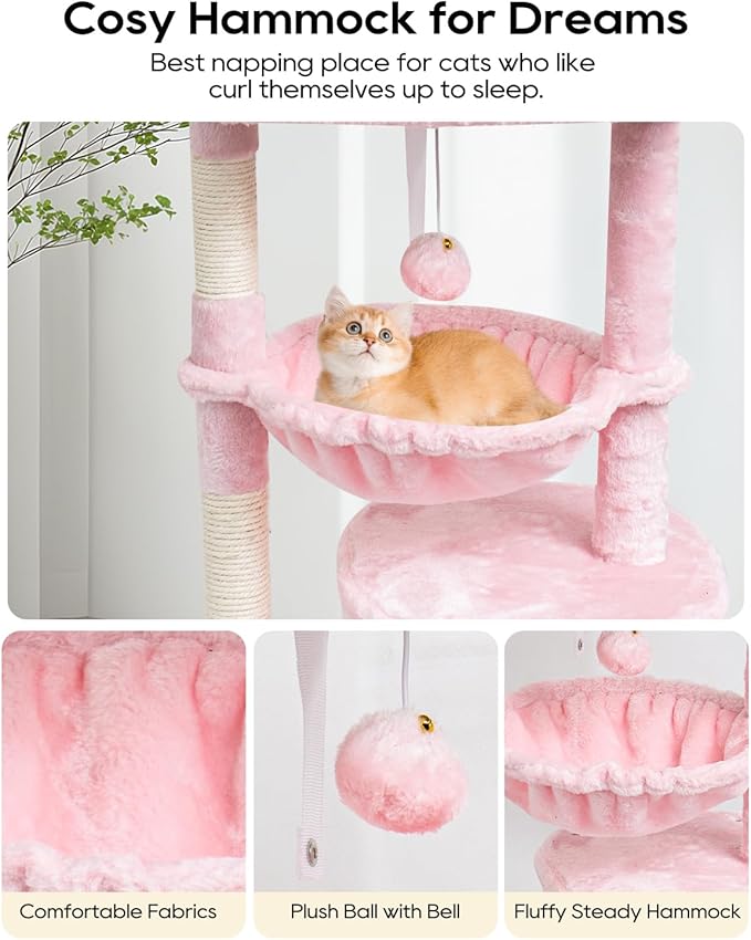 SYANDLVY Small Cat Tree for Indoor Cats, Cat Tower with Scratching Post, Modern Cat House with Padded Perch, Kittens Condo with Cradle, Cat Cave, Pink