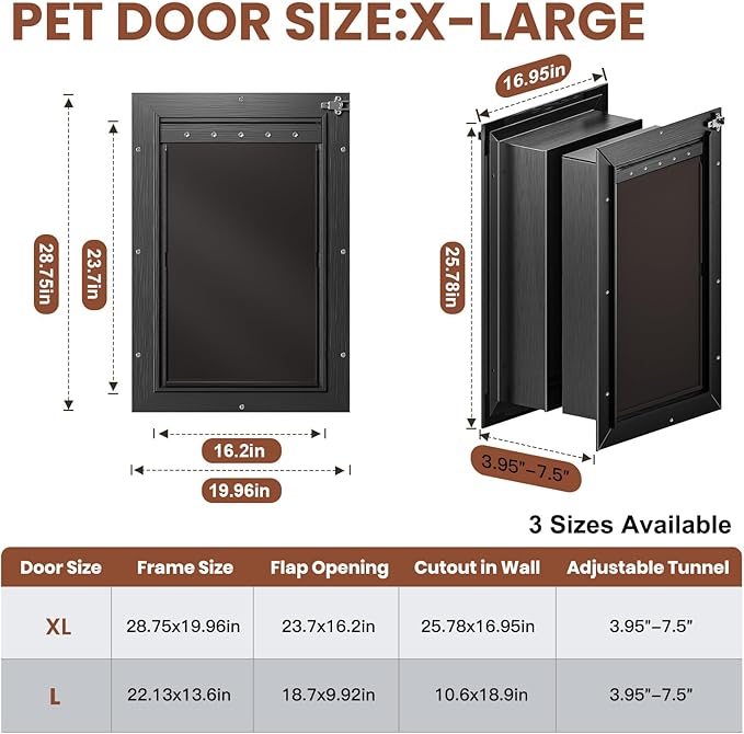 3-Flap XL Dog Door, All Aluminum Alloy Extra Large Dog Door door for Wall, Heavy Duty Pet Door Easy to Install, Energy Efficient, Telescoping Tunnel for Interior & Exterior Wall, Pet Up to 220Lb-Black