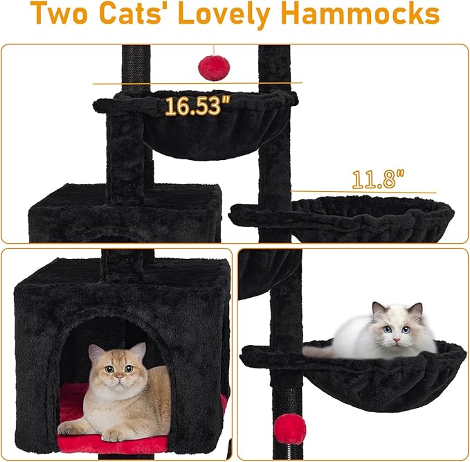 KIYUMI Cat Tree Cat Tower Condo with Sisal Scratching Post for Indoor Cats Cat Tree Cat Furniture with Hammock Perch and Kitten Ball Toys, Multi-Level Pet Activity Center,RedBlack