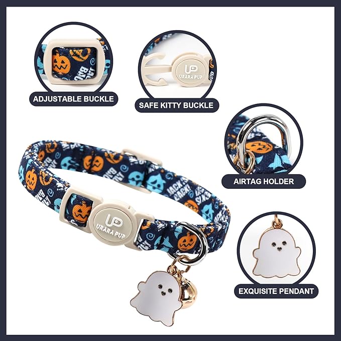 Halloween Cat Collar-2Pack Autumn Pumpkin Kitten Collars-Funny Halloween Ghost Breakaway Kitty Collars-Cute Ghost & Pumpkin Pendants,Fall Cat Collar with Bell, for Girl & Boy Cats