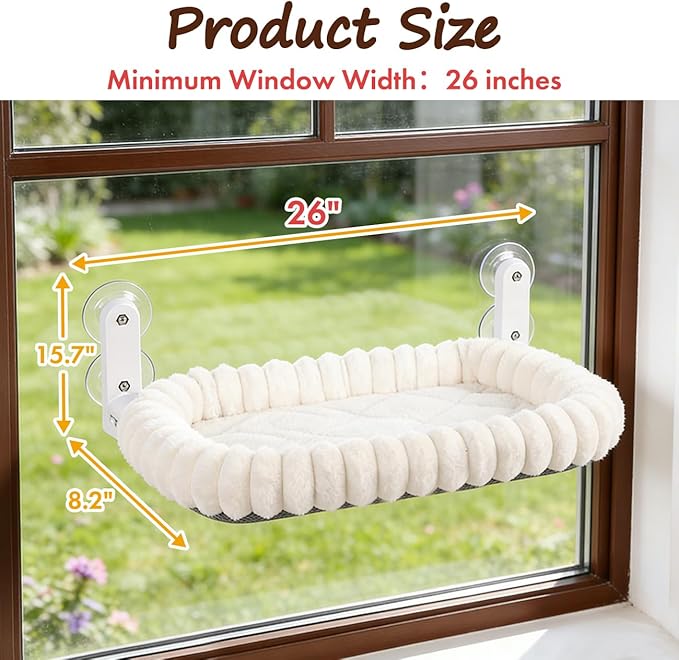 2PC Cat Window Perch with Bolster Foldable Cat Hammock Cushion Bed for Window with Metal Frame, Cloud-Cuddle Cordless Window Resting Seat for Indoor Cats (Cushion Bed, White-L)