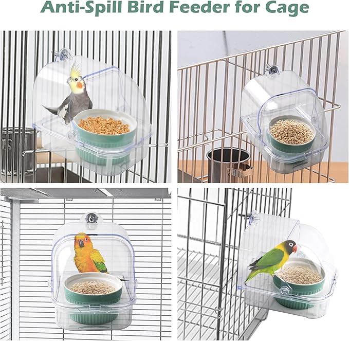 Bird Cage Feeder with Ceramic Bowl,2 in 1 No Mess Bird Feeder and Transparent Parakeet Bathtub with Bottom Drawer Hanging Tube Shower Box for Birds Budgies Parakeet Small Parrot Cockatiels