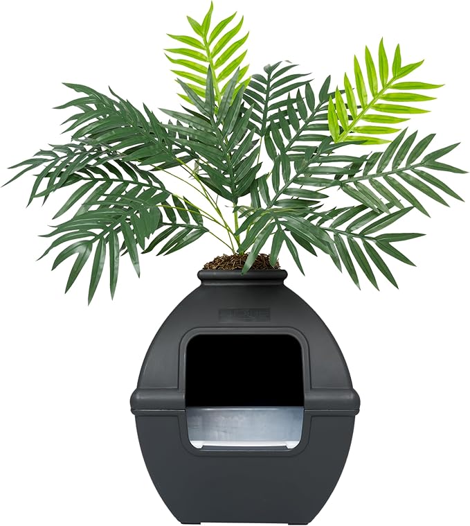 Good Pet Stuff Hidden Litter Box Planter, Decorative Cat Litter Enclosure with Carbon Filter, Artificial Plant, Easy Clean, Indoor Design, Courtyard Square Style, Essentials Kit, Black Suede