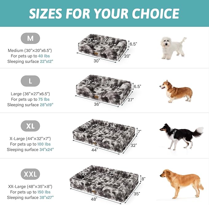 Orthopedic Dog Bed for Large Medium Size Dog, Soft and Warm Faux Fur Sofa for Pet Up to 75 lbs, Foam Bolster Anti-Slip Couch with Washable Removable Cover, L 36x27x6.5 inch, Tie Dye Grey