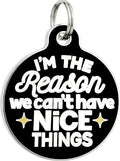 Bad Tags Personalized Dog and Cat ID Tags in 25+ Designs and 2 Sizes - 5 Lines of Custom Engraved Text - Funny Cute Personalized Pet Tags (I'm The Reason We Can't Have Nice Things, Large (1.25 inch))