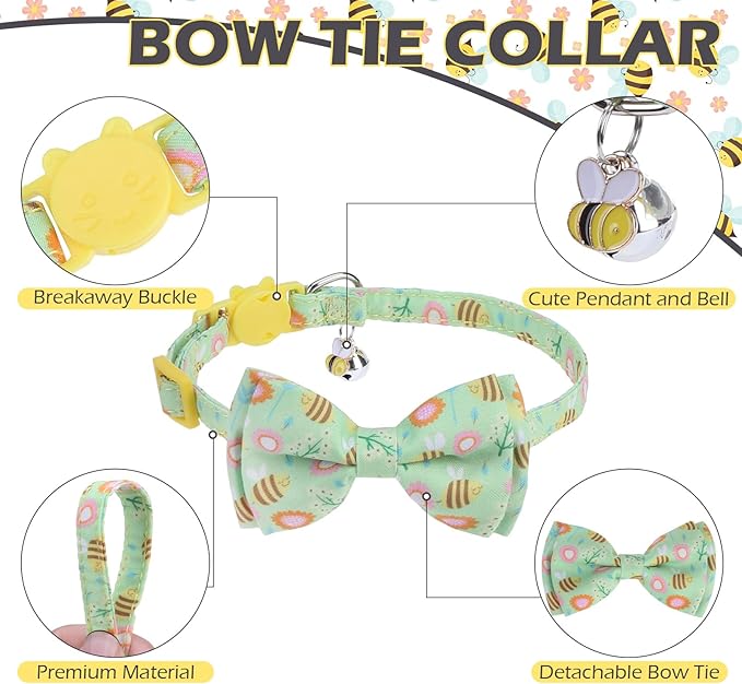 EXPAWLORER Spring Cat Collar Breakaway with Bells - 2 Pack Cute Flower Pet Collar with Removable Bow Tie and Bandana, Adjustable Safety Buckle with Bee Pendants for Girl Boy Cats Kitten
