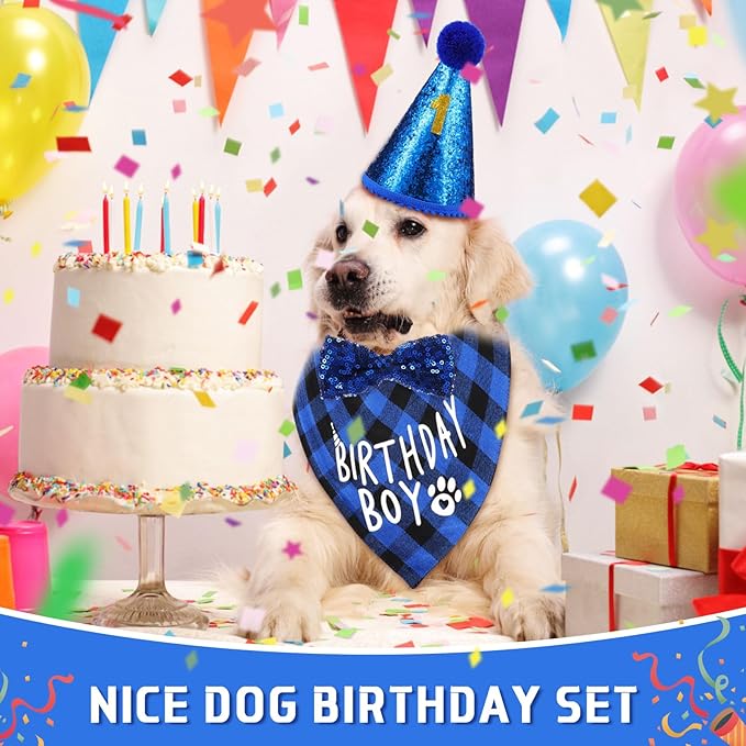 Weewooday Dog Birthday Party Supplies Birthday Boy Girl Cake Bandana Triangle Scarf Party Hat Dog Bow Tie Collar with Numbers for Large Medium Small Dog Puppy 1st Birthday(Elegant Style,X-Large)