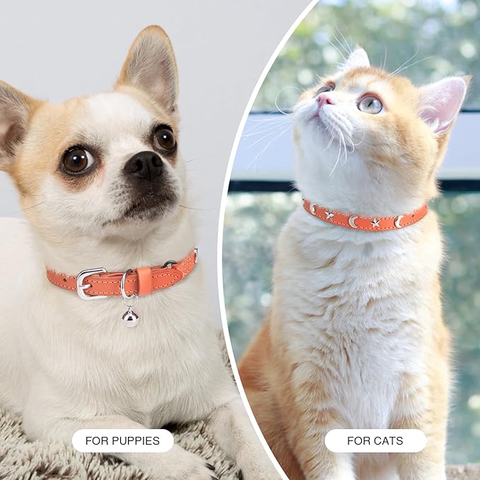 Leather Cat Collars for Boy Girl Cats with Bell and Safety Elastic Belt, Personalized Star and Moon Stud Adjustable Safe Buckle Collar for Kitty Small Big Cats Size 7-9 Inch, Orange