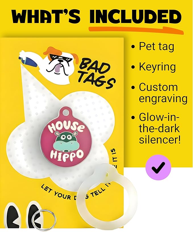 Bad Tags Personalized Dog and Cat ID Tags in 25+ Designs and 2 Sizes - 5 Lines of Custom Engraved Text - Funny Cute Personalized Pet Tags (House Hippo - Pink, Small (1 inch))