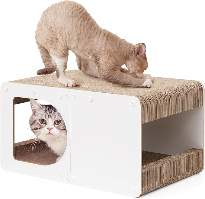 EHEYCIGA Cardboard Cat Scratcher House, 20-Inch Corrugated Cat Scratcher for Indoor Cats, Large Scratching Board Pad, White