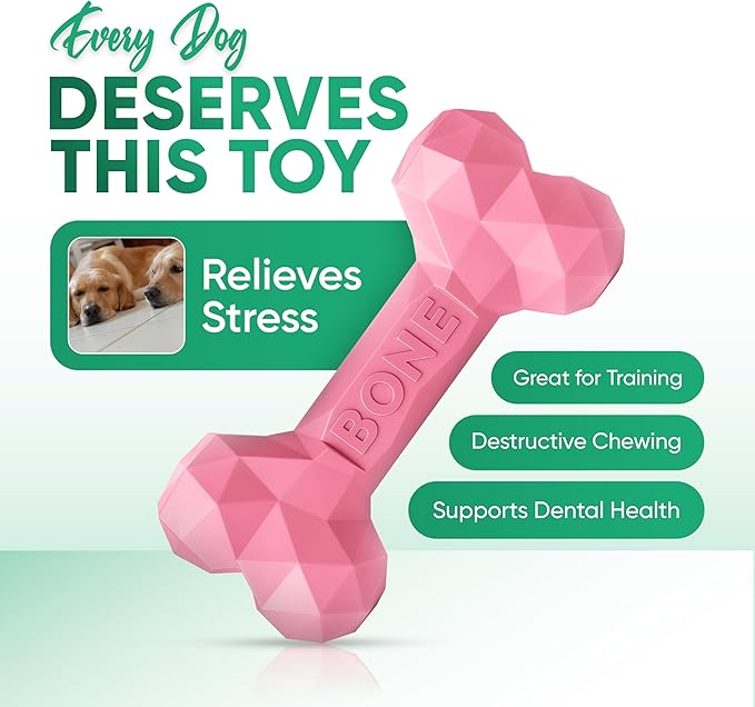 Natural Rubber Dog Chew Bone – Treat-Dispensing, Tough & Indestructible Chew Toy – Safe for Aggressive Chewers – Dental Health & Boredom Relief (Pink)