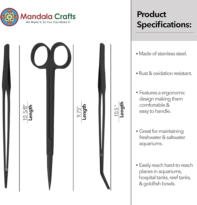 Mandala Crafts Black Stainless Steel Aquascaping Tools Kit – Aquarium Plant Tools with Tweezers and Scissors for Fish Tanks, Hospital Tanks, Goldfish Bowls, Aquariums, and Terrariums