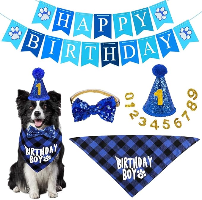 Dog Party Supplies, Boy Bandana With Hat Bow Tie Number, Cute Scarf and Happy Birthday Banner Set for Large Medium Small Dogs Pet (Blue)