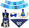 Dog Party Supplies, Boy Bandana With Hat Bow Tie Number, Cute Scarf and Happy Birthday Banner Set for Large Medium Small Dogs Pet (Blue)