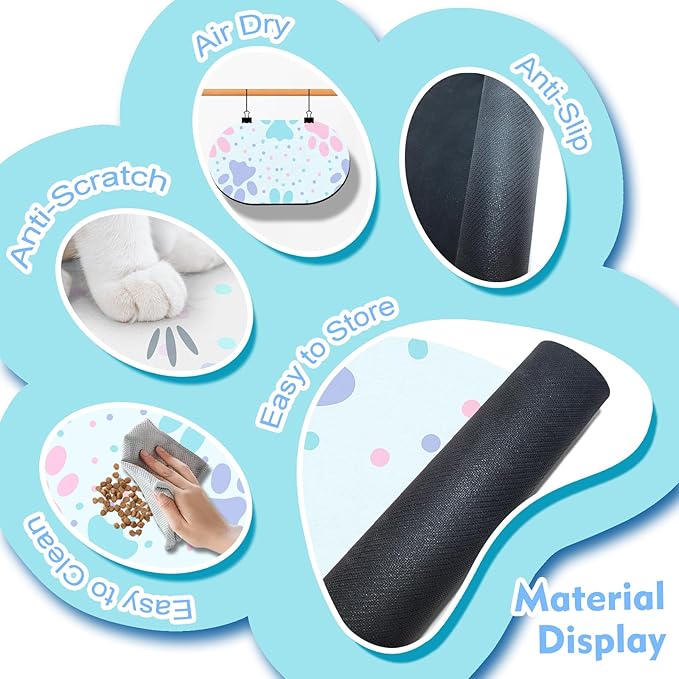 Dog Food Mat 20''x12'', Small Pet Feeding Mat, Non-Slip Rubber Pet Food Mat, Absorbent Cat Dog Water Bowl Mat for Messy Drinkers, Dogs Bowl Placemat for Food and Water, Light Blue Paw