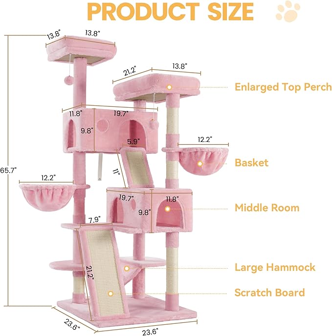 WEEWAY Cat Tree Tower for Indoor Cats,65'' Multi-Level Cat Furniture Activity Center,Stand House Condo Cave,Sisal Scratching Posts Ramps,Plush Perches Platforms Basket Hammock, Pink