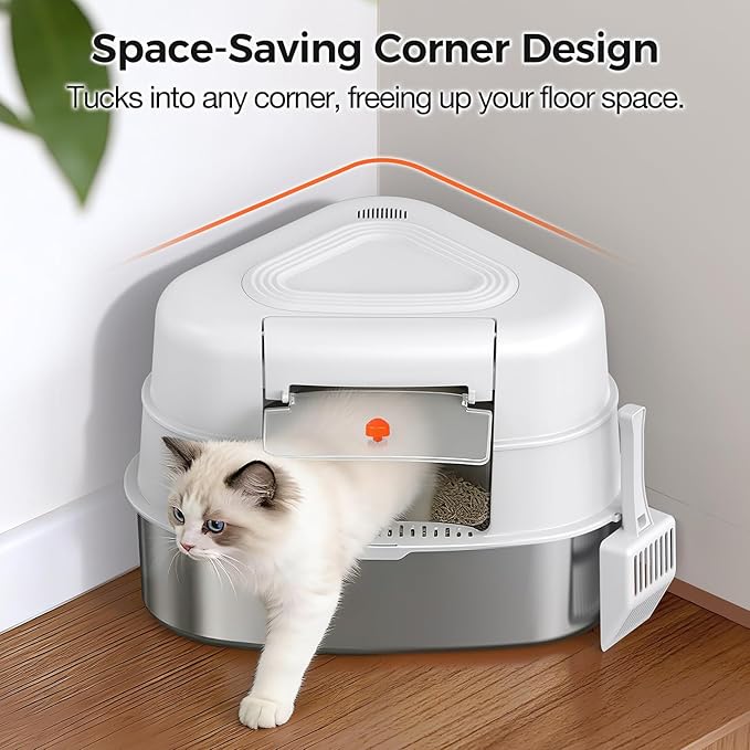 XL Stainless Steel Corner Cat Litter Box with Lid - Sturdy, No Odor & Space-Saving Hidden Design for Large Cats, White