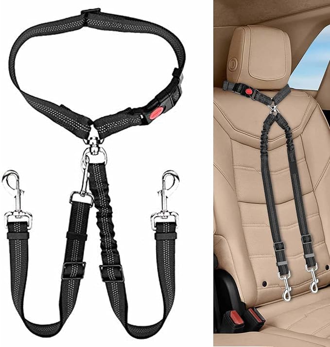Dog Seat Belt for Car, Dual Pet Vehicle Headrest Restraint Safety Seatbelt,Two Dog Leash No Tangle Dog Car Leash Seat Belt,Duty Adjust Elastic Connect Harness in Vehicle Travel(Black)