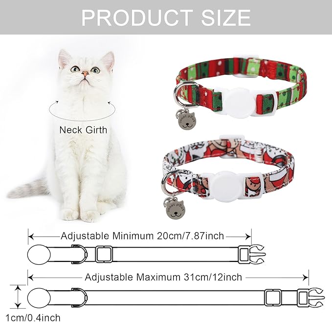 Lionet Paws 2pcs Pack Cotton Cat Collar,Breakaway Buckle Christmas Cat Colar with Santa,Red Green Dot Cute Adjustable Cat Kitten Collar,Ideal for Boy Cats