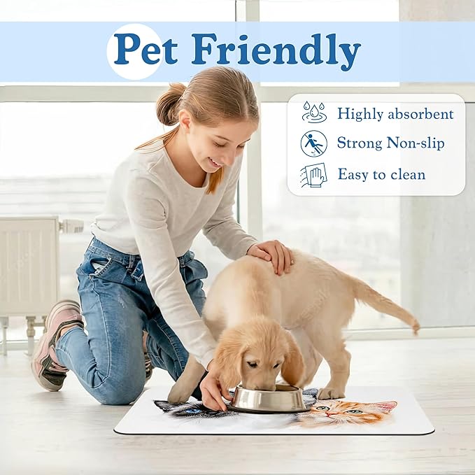 Cute Cats Pet Food Mat for Cats and Dogs–Christmas Stocking Absorbent Quick Dry Feeding Placemat, Non Slip Rubber Base, Waterproof Bowl Mat for Indoor Use, Pet Supplies 16"x24"