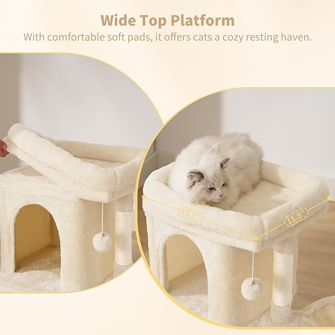 Heybly Cat Tree Tower, Cat condo for Indoor Kittens, Cat House with Wide Plush Top Perch, Ladder, Basket, Sisal-Covered Scratching Posts, Cozy Activity Center for pet, Beige HCT009SM