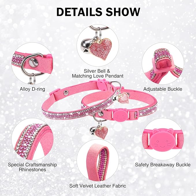 Rhinestone Cat Collar Breakaway with Bell Safety Buckle, 2 Pack Bling Diamond Kitten Collar for Gril Cats, Soft Velvet Female Cat Collars Adjustable 8-12 Inch, Pink