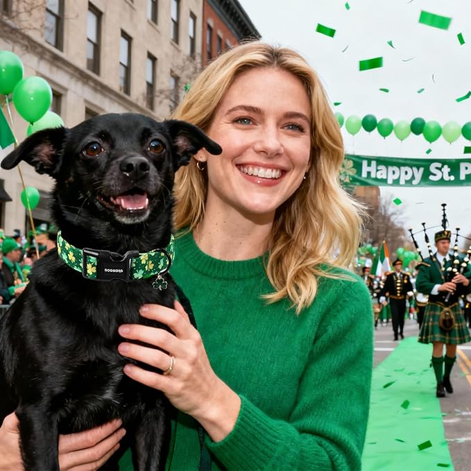 DOGWONG St Patrick's Day Dog Collar-Cute Green Clovers Dog Collars, Adjustable Shamrock Pet Collars Trefoil Puppy Collars with Quick Release Buckle for Girl&Boy Dogs,S