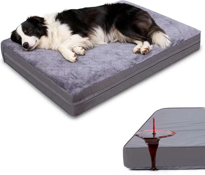 Waterproof Dog Bed for Crate - Outdoor Crate Pad for Medium Dogs, Orthopedic Egg Crate Foam, Anti-Slip, Reversible & Washable Cover, 35" x 22", Gray