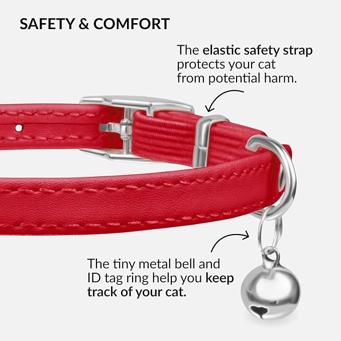 CollarDirect Leather Cat Collar with Bell - Kitten Collar, Small and Big Cat Collar for Boy Cats, Girl Cats with Safety Elastic Strap (Neck Fit 6"-7", Red)