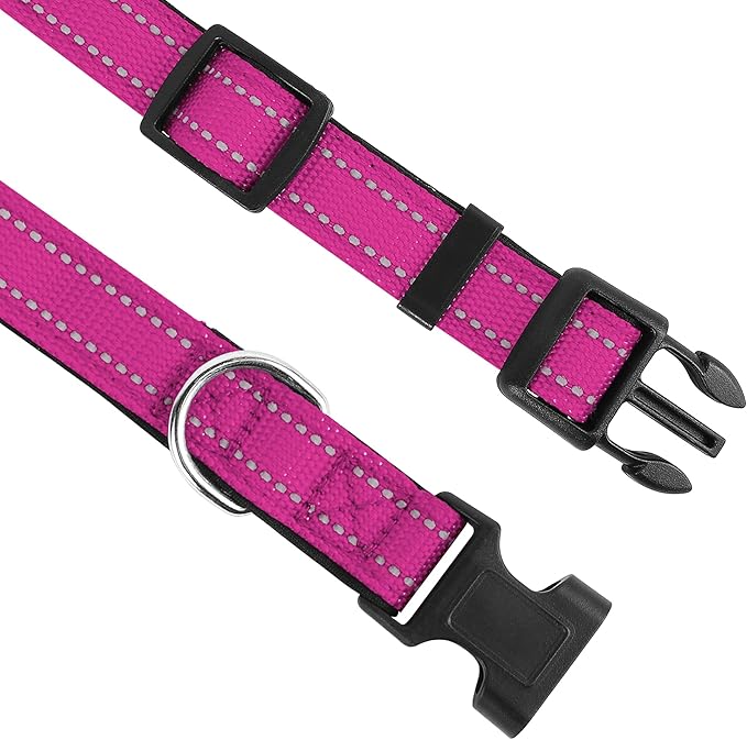 Reflective Dog Collar, Adjustable Soft Neoprene Padded Nylon Pet Collars with Buckle for Extra Large Dogs, Rose Red,XL