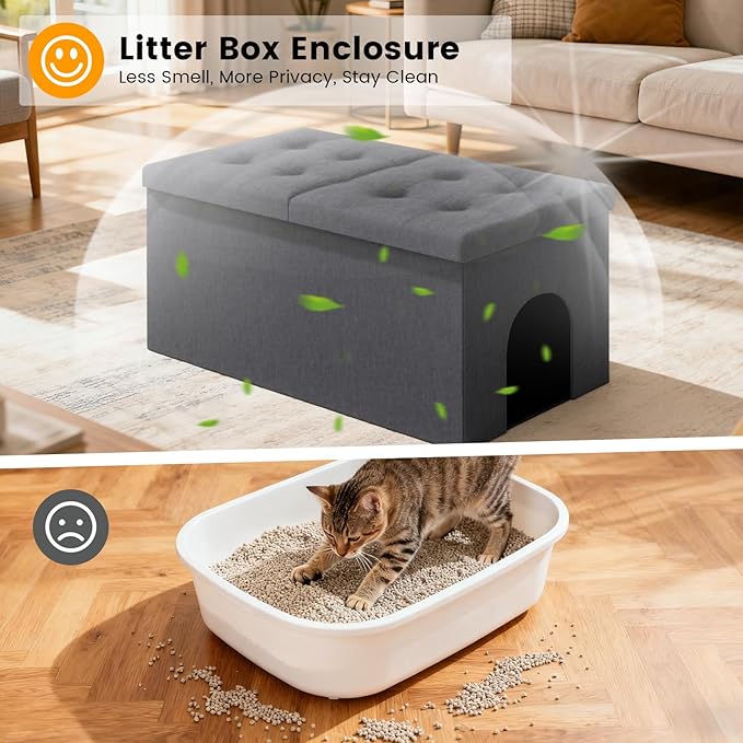 3-in-1 Cat Litter Box Enclosure with Odor Control, Multi-Functional Hidden Litter Box Furniture Bench, Dog Proof, Space-Saving Ottoman Cabinet with Flip-Up Lid, Extra Large, Dark Grey