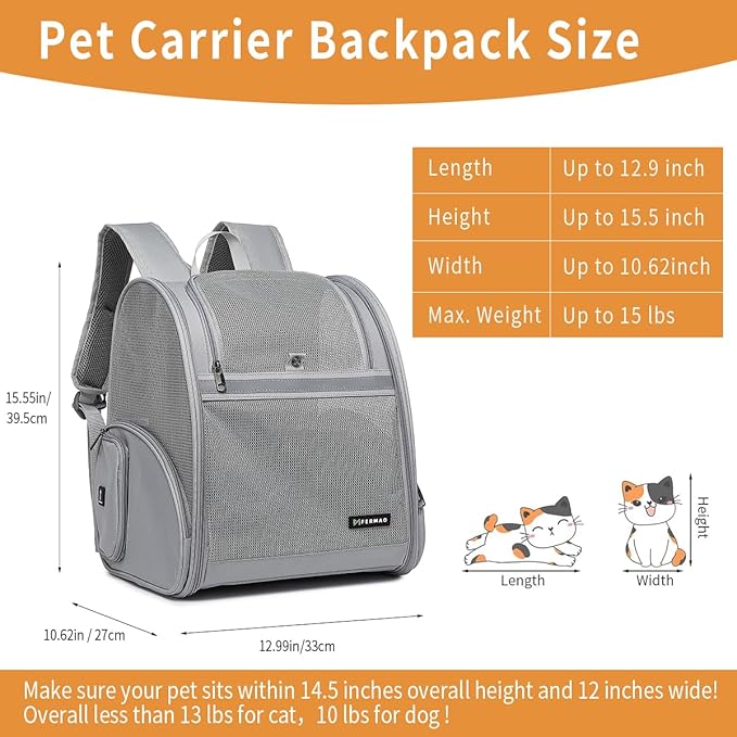 Cat Backpack Carrier for Small Dogs and Medium cat Puppy Kitten Bunny Pet Carrier Backpack Collapsible with Fully Ventilated Mesh with Safety Leash (Gray, 12.9" L x 10.62" W x 15.5" H - M)
