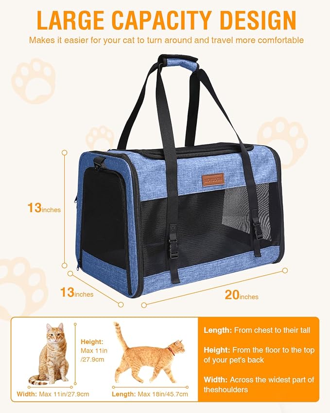 PETUX Large Pet Carrier for Large Cats ＆ Small Dogs - Up to 20Lb, Top and Side Entry, 4 Side Breathable, Foldable Soft Cat Travel Carrier with Safety Car Seat Buckle and Anti-Scratch Mesh - Blue