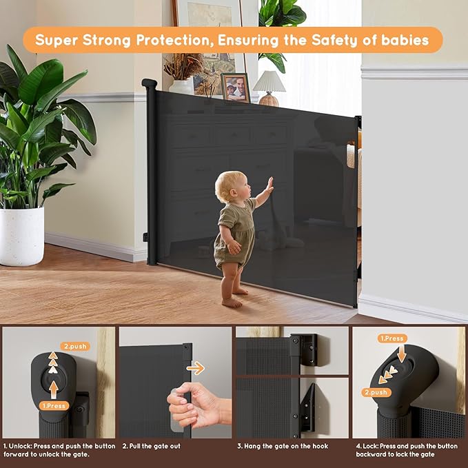 Retractable Baby Gate for Stairs, 71" Wide Mesh Pet Gate, Automatic Tension, One-Hand Operation, 38" Tall Baby Gates for Doorways, Hallways, Deck, Indoor Outdoor, Safe, Easy to Fit, Black
