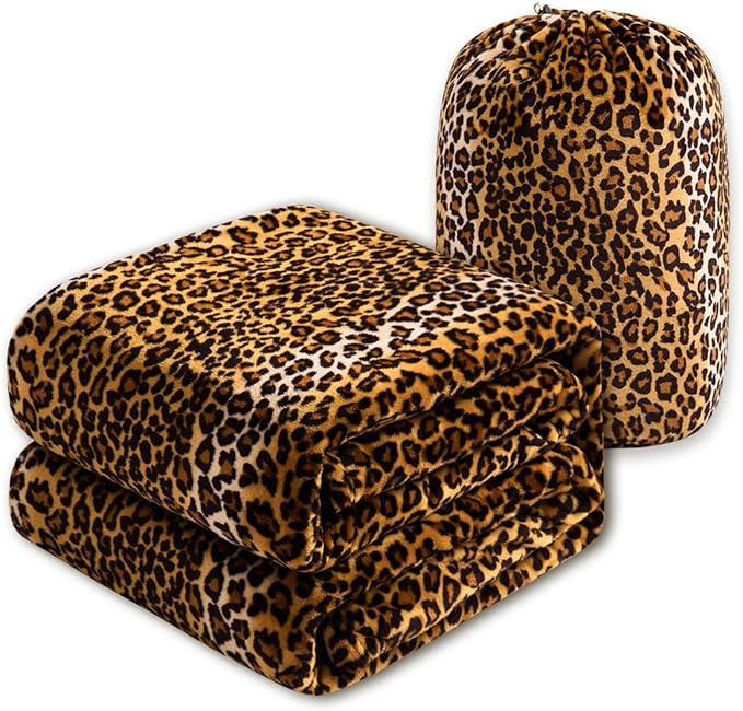 Bnuitland Leopard Print Flannel Blanket, Large Size 90x90 Inches with Storage Pouch for Bed Couch Travel, 300 GSM Double Sided Cheetah Print Super Soft Fuzzy Fluffy Fleece Blanket for Adults