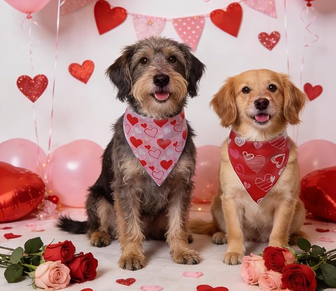 Valentine's Day Dog Bandanas Set 2PCS-Large,Heart Bandanas for Weddings and Holiday Party Costumes,Pet Scarves for Boys and Girls,Dog Outfit Gifts for Medium to Large Dogs(Pink&Red)