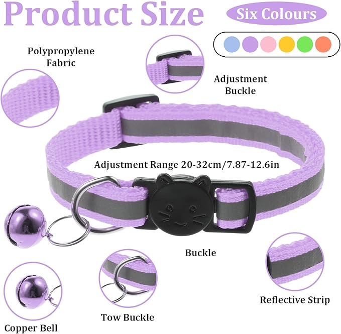 TIESOME 6 Pcs Reflective Cat Collar with Bell, Breakaway and Safe Collars for Cats, Nylon, Pet Collar Mixed Colors Adjustable 7.8-12.6 Inch