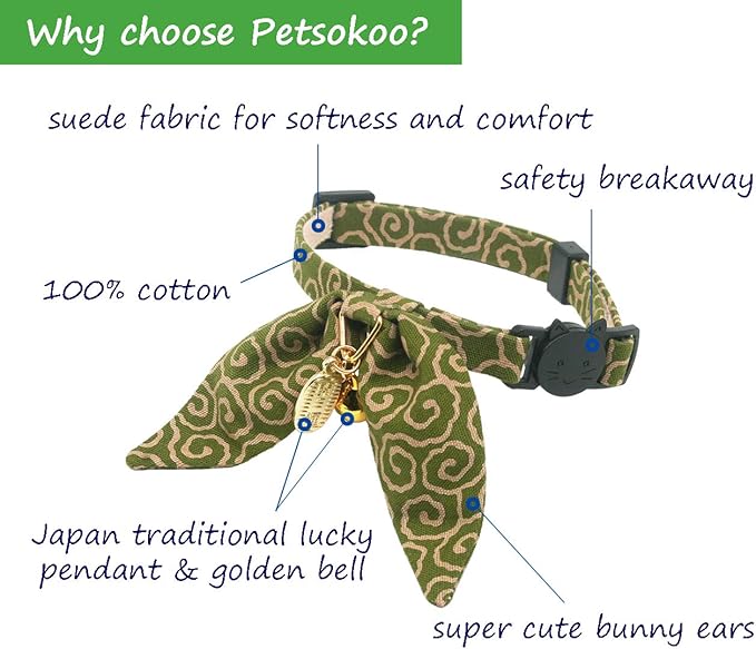 PetSoKoo Bunny Ears Cat Collar, Japan Lucky ‘開三運’ Charm. Safety Breakaway Bowtie Kitten Collar with Bell, Green
