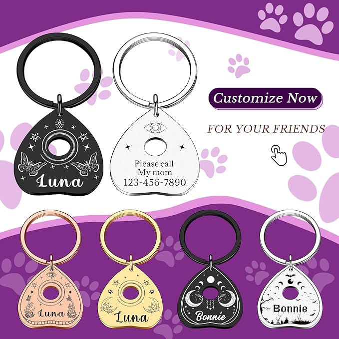Goth Cat Tags Personalized Halloween Gifts for Dogs, Spooky Pet ID Tags,Boo Basket Stuffers, Summon My Mom Dad,Custom Anti-Lost Dog Name Collar Plate for Small Large Dogs Cats