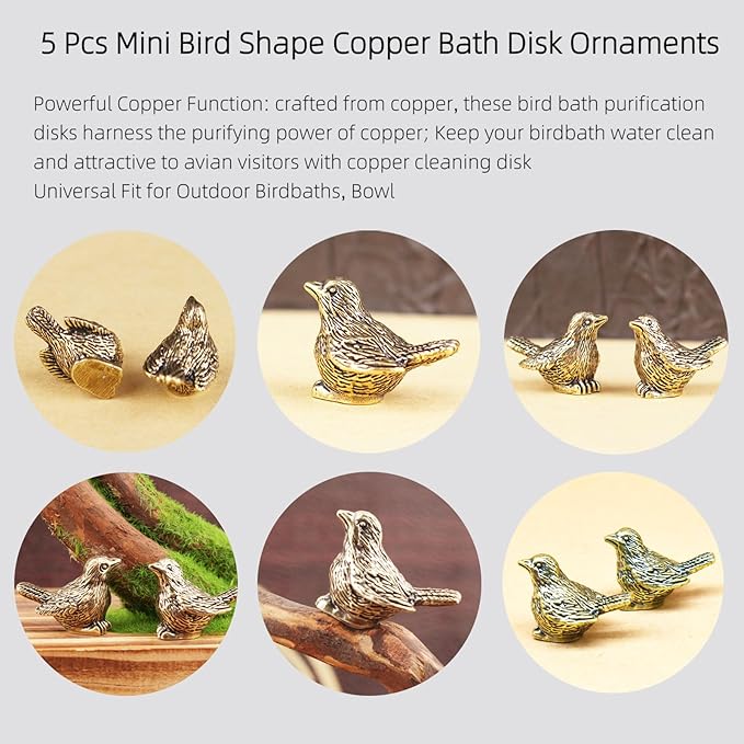 5 Pcs Mini Brass Bird Shape Copper Bath Disk Birdbath Cleaner Purification Physical, All-Season Safe Clean Water Solution, Fit for Outside Birdbaths, Outdoors Bowl, Garden Decor