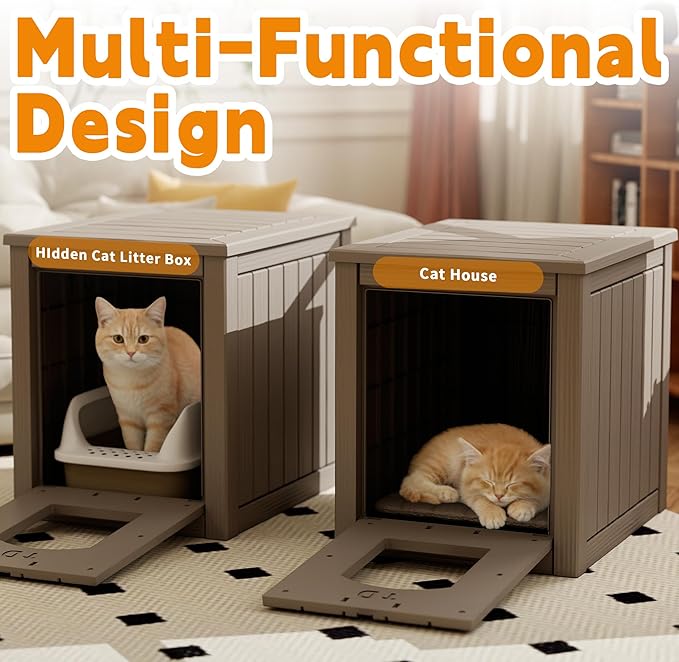 Cat Litter Box Enclosure, Multi-Functional Hidden Litter Box Furniture & Indoor Outdoor Cat House with Side Table Design, Openable Front Door & Raised Floor, Easy to Clean & Assemble, Grey