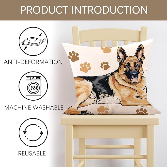 German Shepherd Dog Decorative Throw Pillow Cover 18 x 18, Cute Puppy Paw Prints Porch Outdoor Home Decor, Sofa Couch Cushion Case Pet Dog Owner Lover Gifts