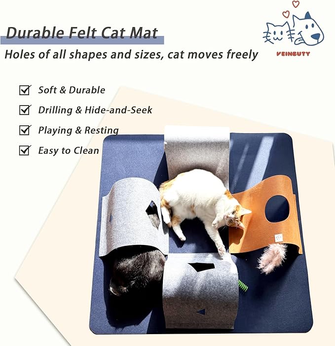 Cat Tunnel Mat for Indoor Cats,4-Way Felt Cat Tunnel Play Mat with Feathers & Bell 6 Pcs Interactive Cats Enrichment Toys Set Foldable Kittens Cave Hideout for Pet Hide & Seek(Navy Blue)
