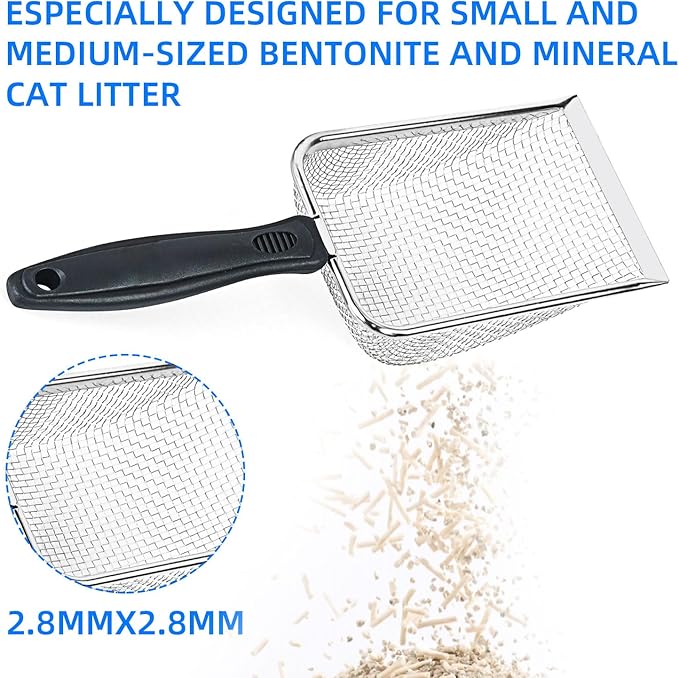 Cat Litter Scoop, Stainless Steel Mesh Scoop Away Cat Litter, Kitty Litter Scoop 2.8mm Hole, Non-Stick Cat Litter Scoop for Crystal Litter|Pine Pellets|Small Pieces, Litter Cleaner Beach Mesh Shovel