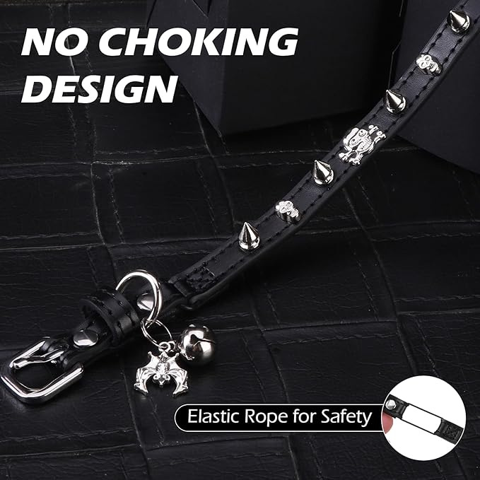 EXPAWLORER Cat Collar for Girl Boy Cats- Adjustable Leather Pet Collar with Safety Elastic Belt,Personalized Punk Accessories Buckle Collars with Bell & Durable D-Ring, Rivet (Black)