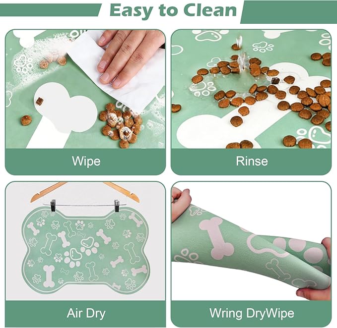 Dog Cat Mat for Food and Water,Rapid Absorbent Pet Feeding Mat, Bone Shaped Dog Placemat Bowl Mat with Rubber Backing,No Stains Pet Food Mats Indoor, Pet Accessories Supplies,Green 23"×36"