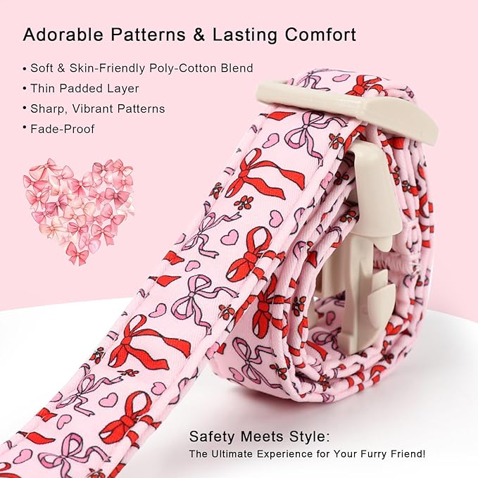 Girl Dog Collar for Medium Dogs - Cute Heart Bow Print Girly Dog Collars, Soft Adjustable Spring/Summer Holiday Female Dogs Collar with Quick-Release Buckle M