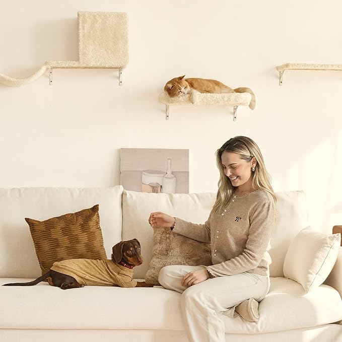 FUKUMARU Cat Wall Shelves, Stable & Safe 4 in 1 Large Cat Walls Furniture Set, Wooden Kitten Climbing Wall with Scratching Post for 16 Inch Drywall - Beige