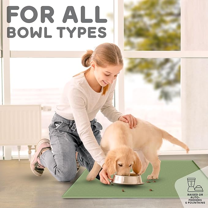 Dog Food Mat - 24x15 Raised Edges Dogs Mat for Food and Water Prevent Spill, Waterproof Cat Food Mats Protect Floors, Easy Clean Dog Bowl Mats for Food and Water, Silicone Pet Feeding Placemats Green